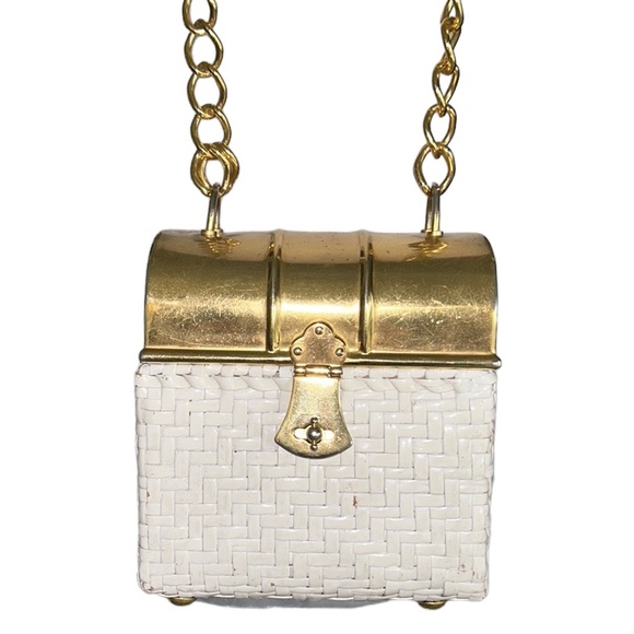 RARE Sacha Vintage White Wicker Straw Gold Curved Chain Strap Basket Box Purse - Picture 5 of 16